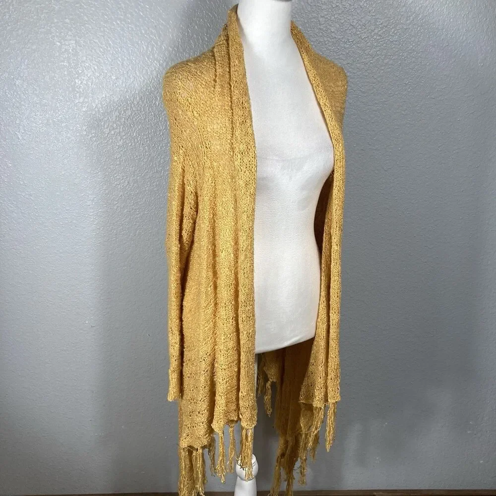 Fringe Boho Cardigan Womens M Open Front Gold Loose Knit Western Asymmetrical